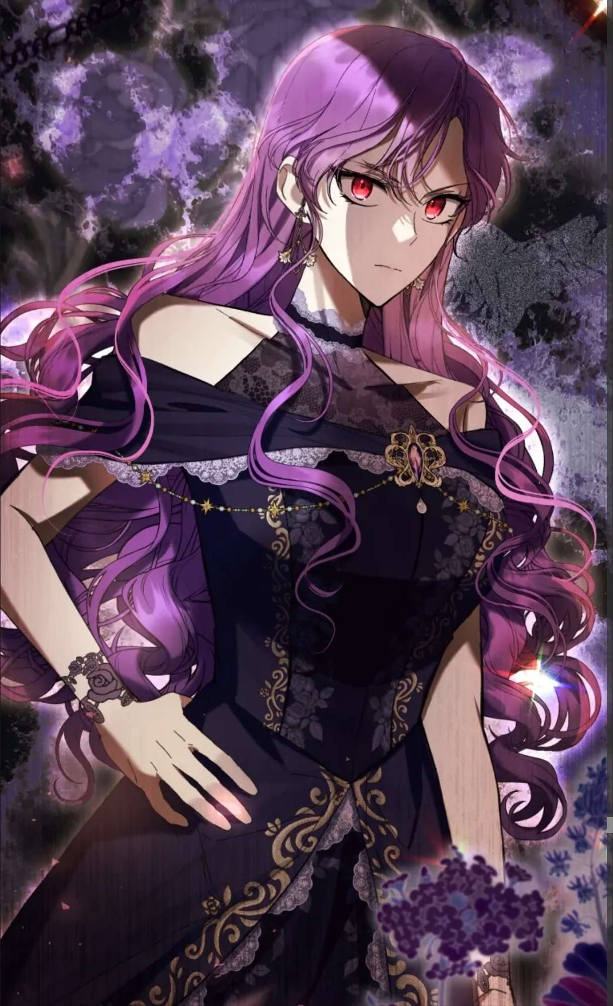 Purple-haired woman in a black lace gown, hand on hip, staring coldly in a dark garden