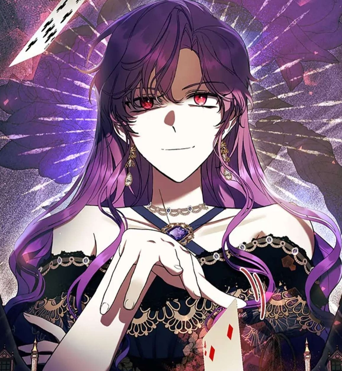 Purple-haired woman smirking as she lays down a playing card