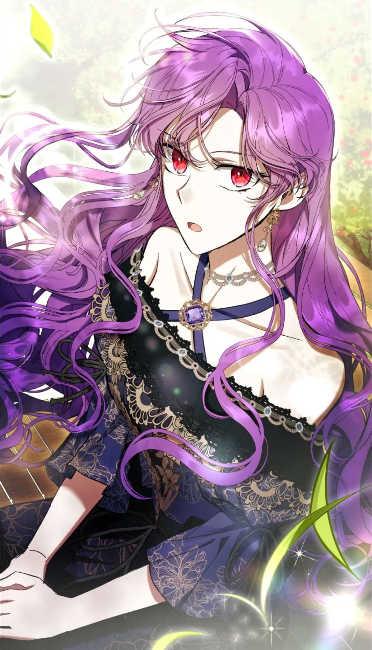 Purple-haired woman with red eyes looking back, black lace dress, sunlit garden and green leaves